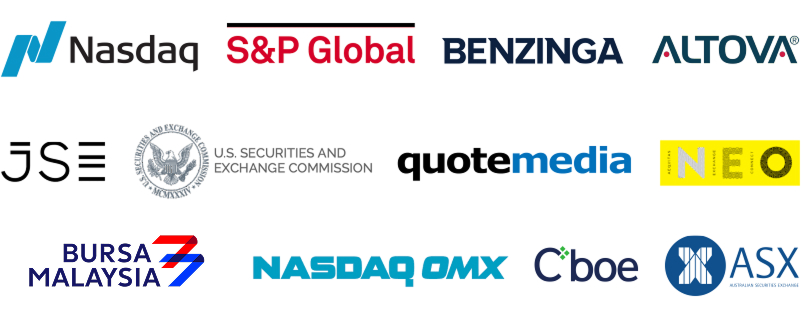 Exchanges and data sources accessed through StockSight's EODHD data agreement: Nasdaq, S&P Global, Benzinga, Altova, JSE, U.S. Securities and Exchange Commission, QuoteMedia, NEO, Bursa Malaysia, Nasdaq OMX, Cboe, ASX